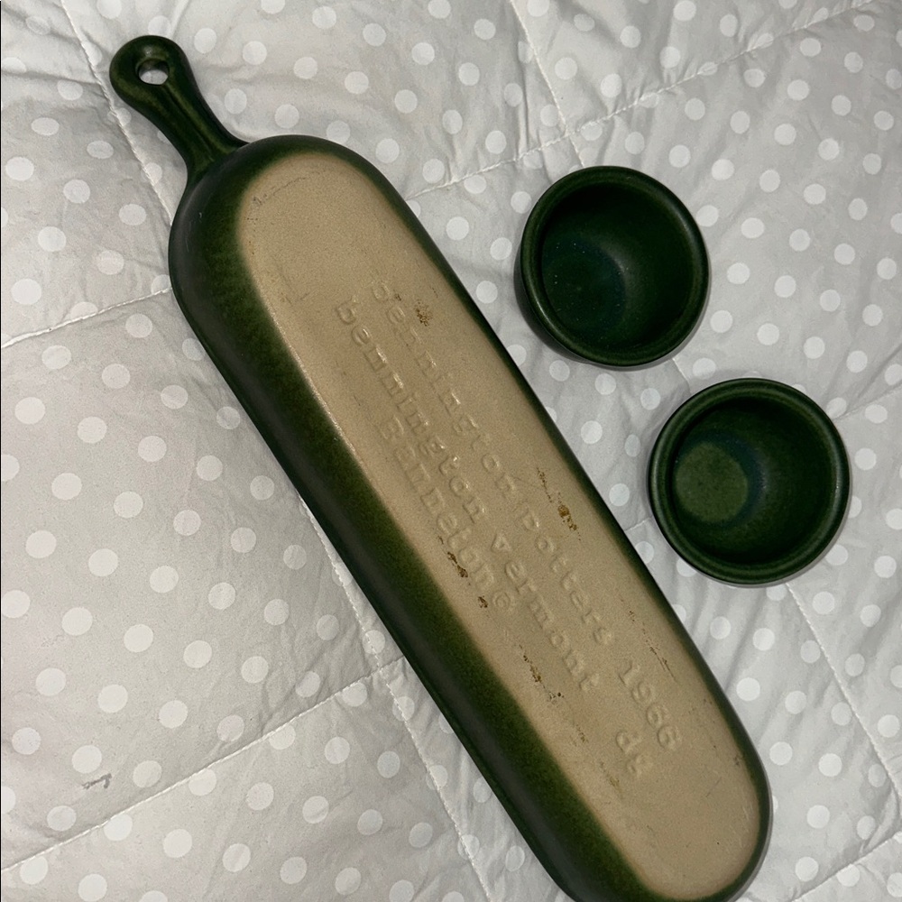 Vintage Bennington Pottery green  Bread Pan serving tray with butter pots